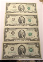 (4) US Two Dollar Bills, (3) 1976 & (1) 1995