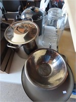 Stock pots, mixing bowls, glass jug.