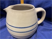 Blue Ringt Stoneware Crock Pitcher (chip) 5" Tall