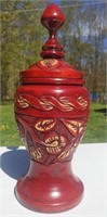 Lacquered Wood Turned & Carved Urn With Lid 14"