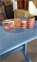3 OLD TINS AND A CARDBOARD BOX