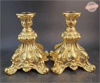 2 Cast Metal Candle Holders W Hand-Laid Gilding