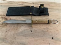 Vintage Knurled Brass Handled Knife & Sheath