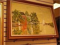 Painting on canvas of river scene