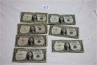 Paper Money, Blue Seal, in a basket, 7 bills