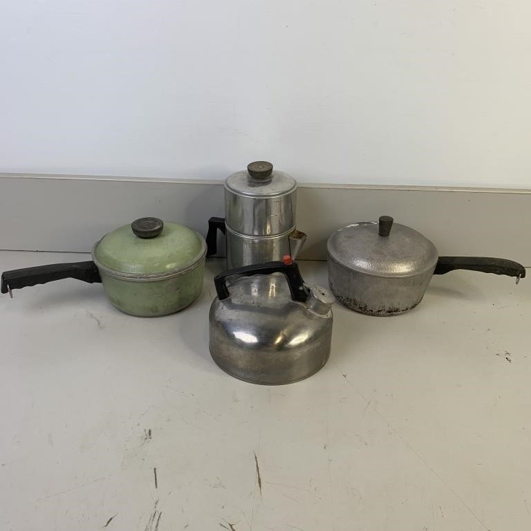 Enamel Pots with Lids, Kettle, Tea Pot