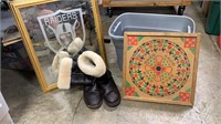 Vtg Game Board, Raiders Wall Hanger, and Boots