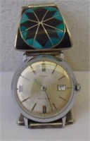 Vintage Zuni S/S Cerrillos Turquoise & Jet Watch