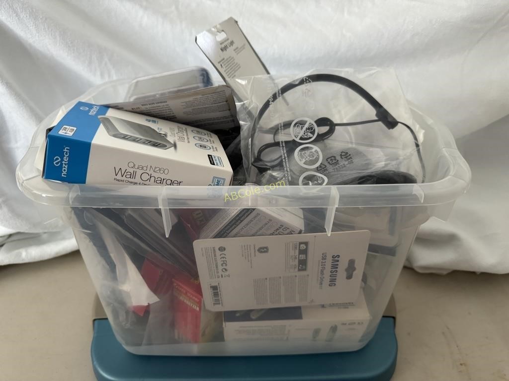 Clear tote filled with charging cables (new)