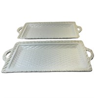 Pair of Vintage White Wicker Ceramic Trays