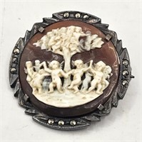 Antique 800 Silver Tree & Figural Cameo Brooch