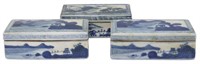 (3) CHINESE BLUE & WHITE PORCELAIN BRUSH BOXES