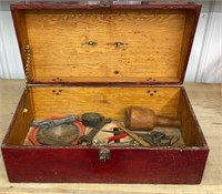 Wooden Box w/Assortment of Vintage Tools & Other