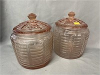 (2) Pink Depression Covered Canisters