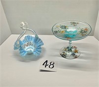 Lot of 2 Hand Painted Glass Blue Fenton Ruffled