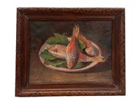 Framed Three Fish on Plate Oil Painting