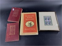 Collection of antique books, and framed stamps