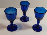 3pc Hand Blown Blue Swirl Wine Cordial Stem