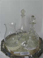 TRAY: PRESSED GLASS DECANTERS & PITCHER