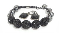 Black Bead Pave Crystal Ball Bracelet, Earrings