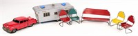 Tin Friction Car & House Trailer w/ Lawn Chairs