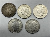 (5) $1 Peace Silver Dollars