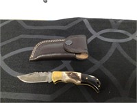 Damascus Blade Folding Knife with Antler Handle &