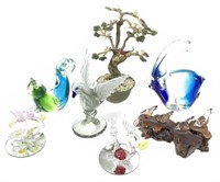 Art Glass Figures, Cat, Birds, Butterfly