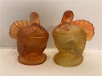 Two Covered Orange Glass Turkey Candy Dishes
