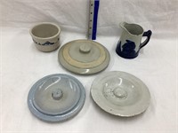 (3) Stoneware Lids, Blue & White Stoneware