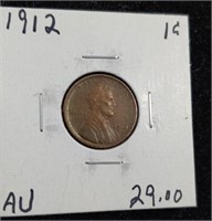 1912 Lincoln Wheat Cent Penny coin marked AU