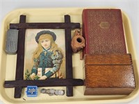 ANTIQUE PRINT FRAMED, WOOD BOX, PIPE, COIN, SILVER