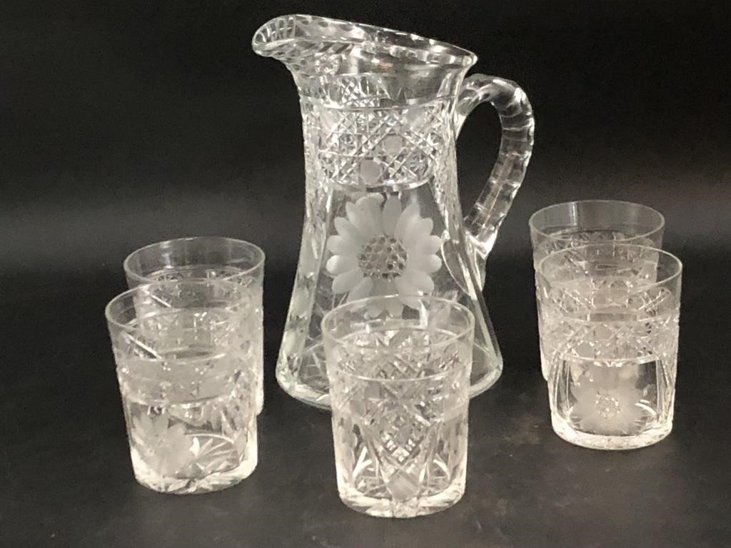 Vintage Crystal Pitcher with Glasses