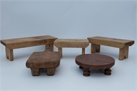 Collection of five small wooden stool and plinths