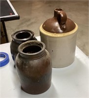 Stoneware jug and 2 stoneware crocks