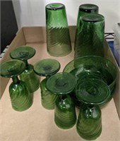 BLOWN GLASS GREEN CUPS, BOWLS