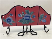 Hand Painted Floral Panel w/Iron Coat Hooks VTG