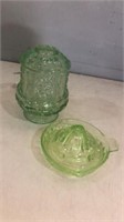 Green glass pair. Juicer & 2 pc candle holder