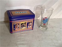 Fleer Bball Collector Tin & Old Style Beer Glass