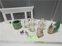 Chicken/rooster figurines, owl planter, jar mugs a