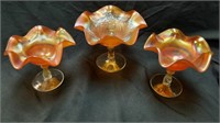 (3) Fenton Marigold Compotes, Peacock & Urn 6"+