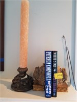 CANDLE HOLDER AND CANDLE, BOOK ENDS AND BOOKS