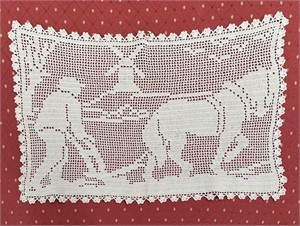 Crocheted Lace Panel Farmer Horse and Windmill