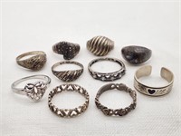 SILVER RINGS ASSORTED SIZES INCL HEARTS (10)