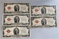 (5) 1928 $2 Red Seal Bills