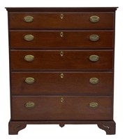 AMERICAN CHIPPENDALE 5 DRAWER CHEST, ORIG. BRASS