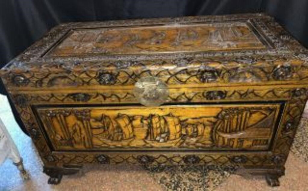 Wood Carved Chest w/ Ship Motif