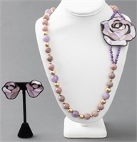 Rose Motif Hardstone & MOP Jewelry Set, 2