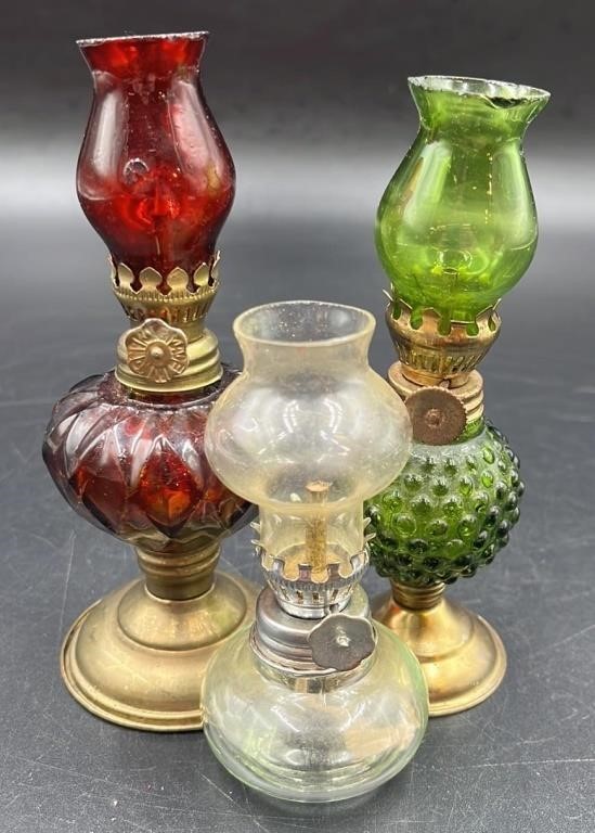 3 Vintage Mini Oil Lamps - 1 Has Chip On Chimney-