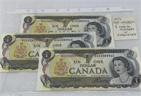 1973 uncirculated canadian $1 bilsl in sequence